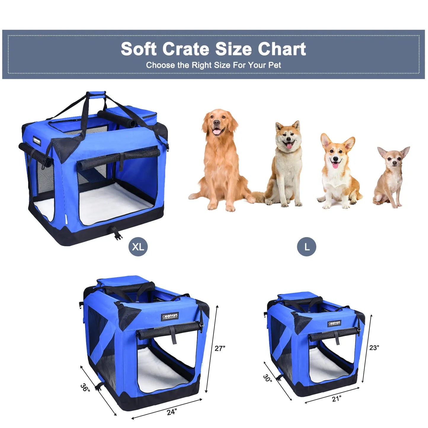JESPET Soft Pet Crates Kennel, 3 Door Soft Sided Folding Travel Pet Carrier with Straps and Fleece Mat