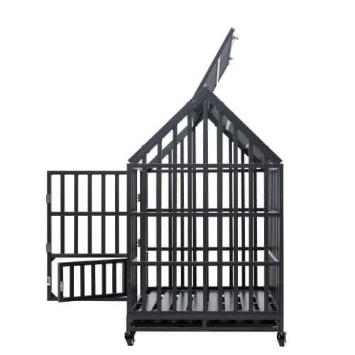 Heavy duty outdoor dog kennel with roof and windows, featuring a secure design and easy access door.
