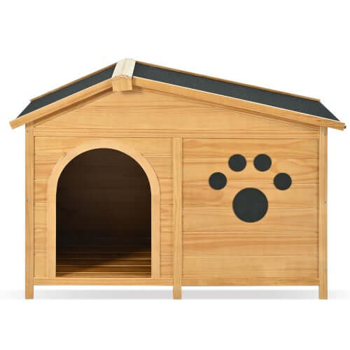 Wooden dog house with porch, water-resistant roof, and paw print, designed for medium-sized dogs.