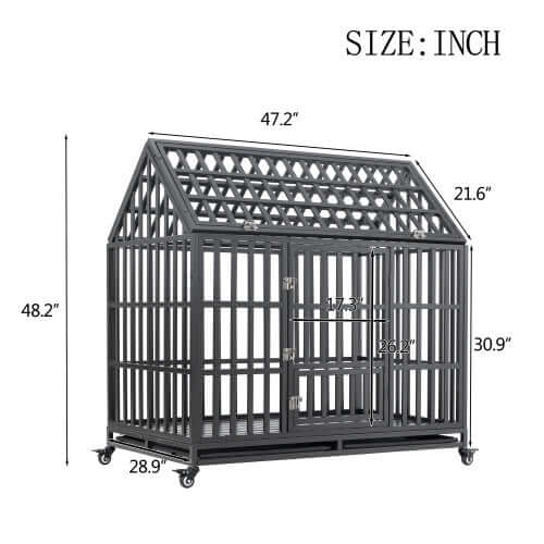Dimensions of a premium heavy duty dog kennel with roof and windows, showcasing measurements in inches.