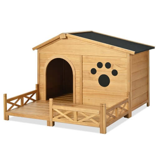 Wooden dog house with porch, water-resistant roof, and paw print design for medium-sized dogs.