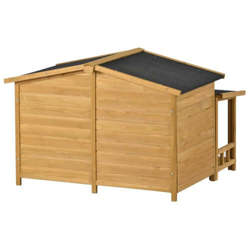 Large wooden dog house with porch, perfect outdoor shelter for dogs, spacious and durable design.
