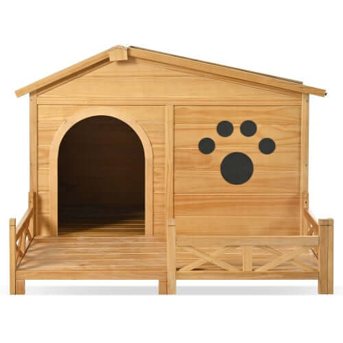 Wooden dog house with porch and paw print design, perfect for medium-sized pets.