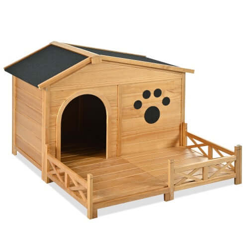Wooden dog house with porch, water-resistant roof, and paw print design for medium dogs.