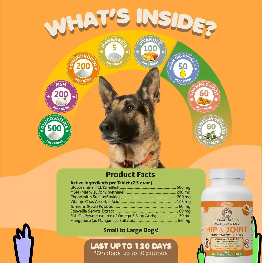 Advanced Hip & Joint Support for Dogs - Glucosamine, Chondroitin, MSM & Turmeric