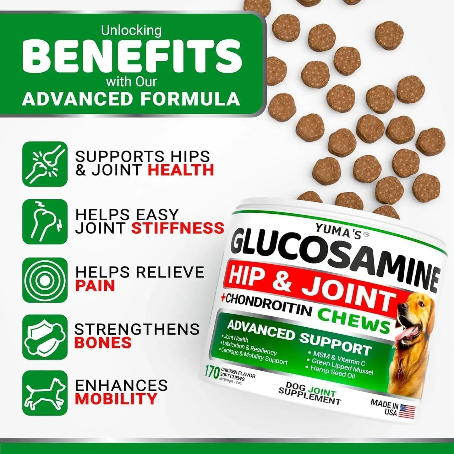 2-Pack Hip & Joint Support Chews for Dogs promoting joint health, strength, and mobility with glucosamine and chondroitin.