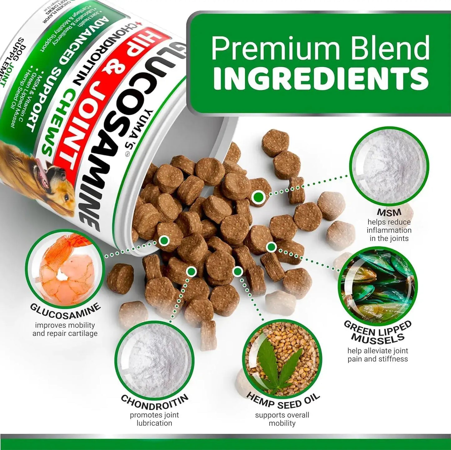 Premium blend ingredients for dog hip and joint support chews, including glucosamine, chondroitin, MSM, and hemp seed oil.