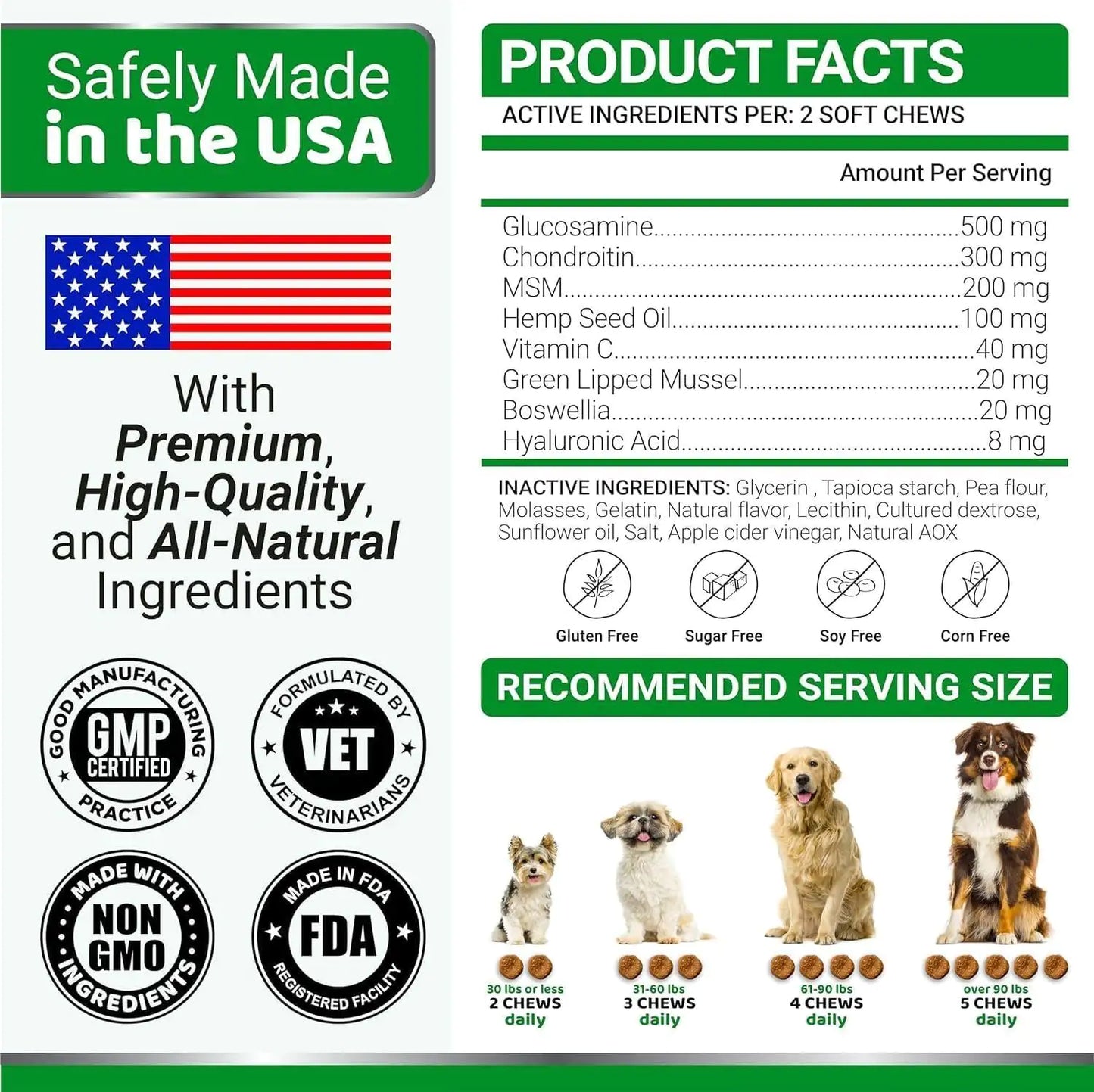 Product facts and ingredients for 2-Pack Hip & Joint Support Chews for Dogs, made in the USA with premium ingredients.
