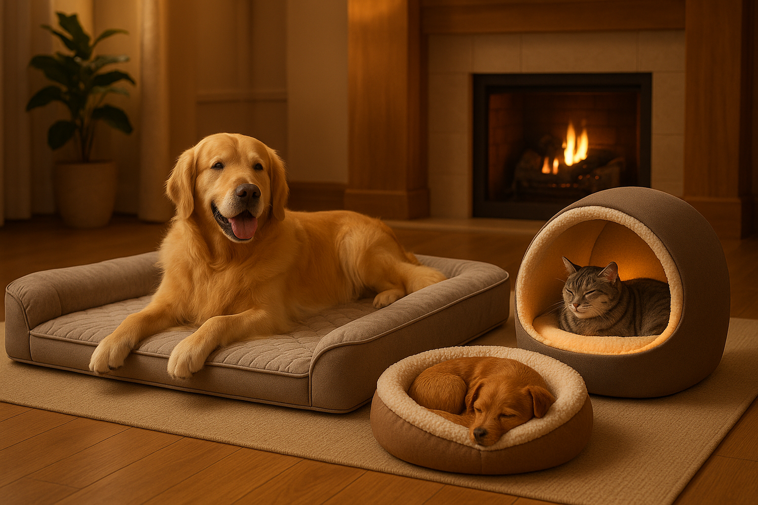A luxurious pet lounge with multiple animals enjoying premium comfort - a dog on an orthopedic bed, a cat in a heated pod, and a small dog in a sherpa-lined nook, all in a warm setting with soft lighting and natural elements