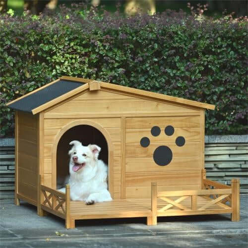 Medium wooden dog house with porch and paw print, featuring water-resistant roof and happy dog inside.