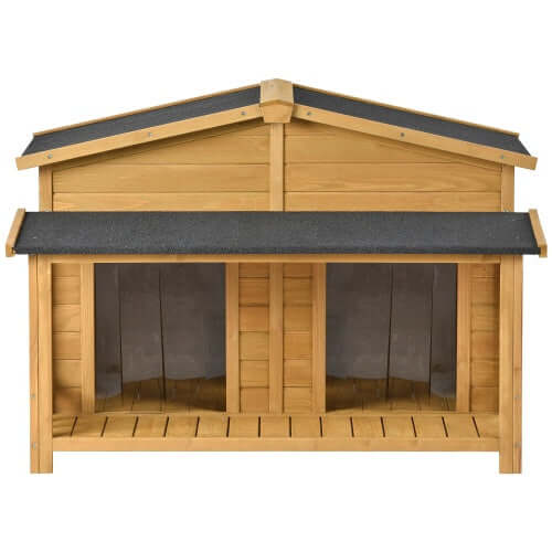 Premium large wooden dog house with porch, featuring dual entrance and weatherproof roof for outdoor shelter.