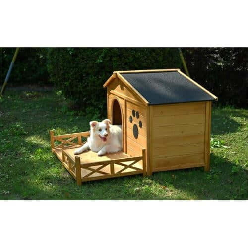 Medium wooden dog house with porch and water-resistant roof, featuring a dog relaxing outside on a sunny day.