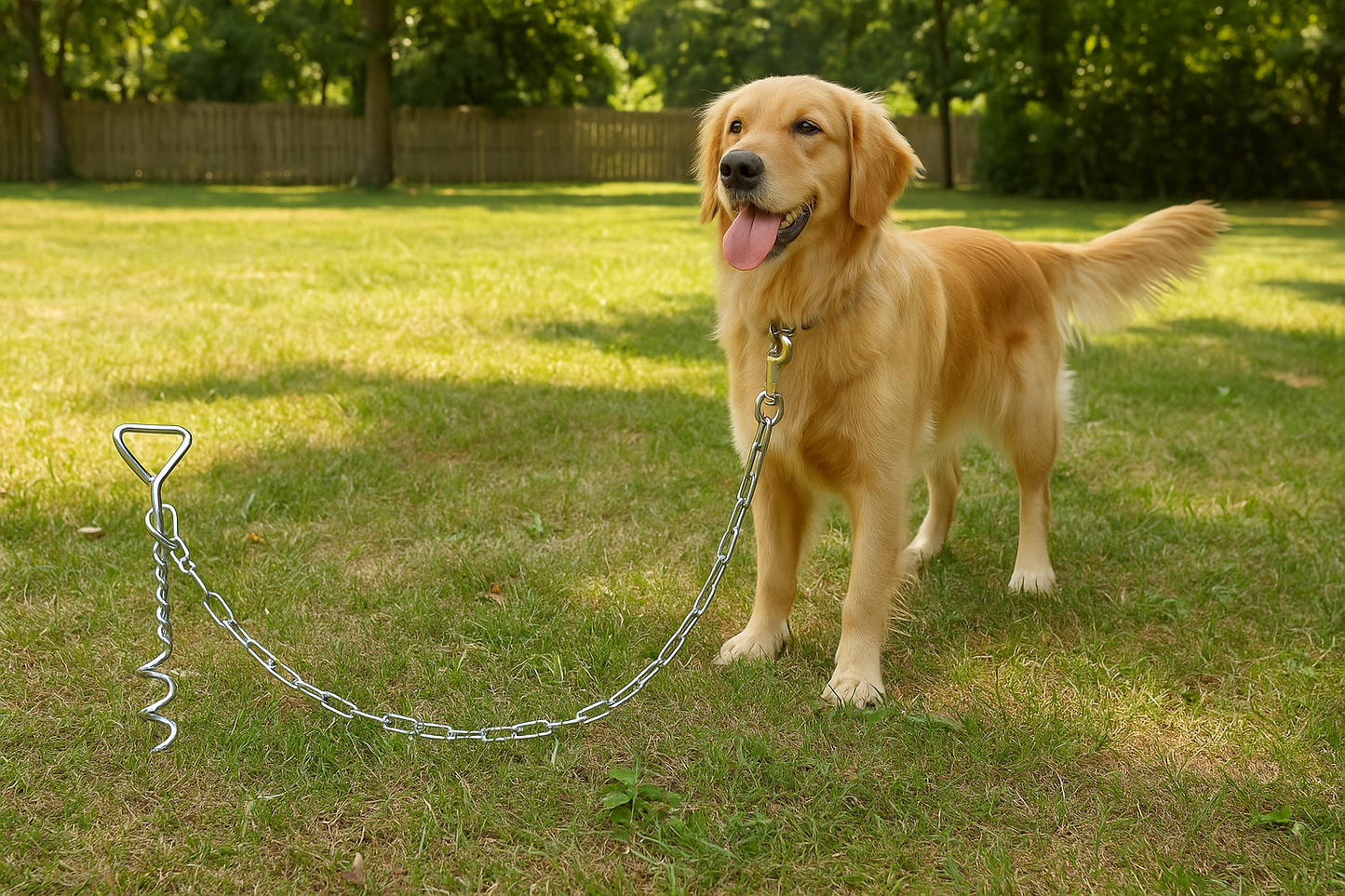 Dog anchored with ground stake