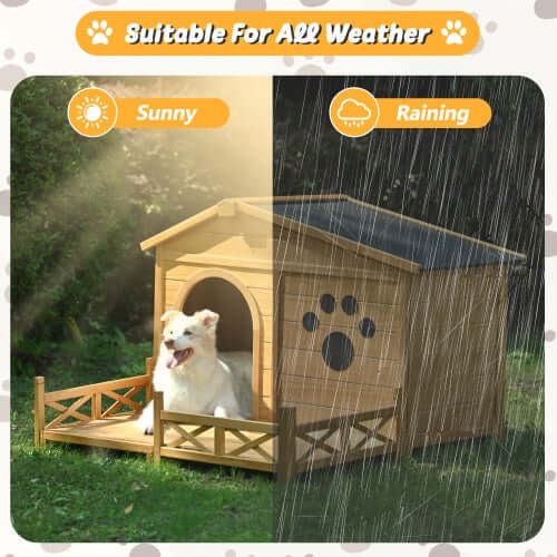 Wooden dog house with porch, suitable for all weather, showcasing sunny and rainy conditions.