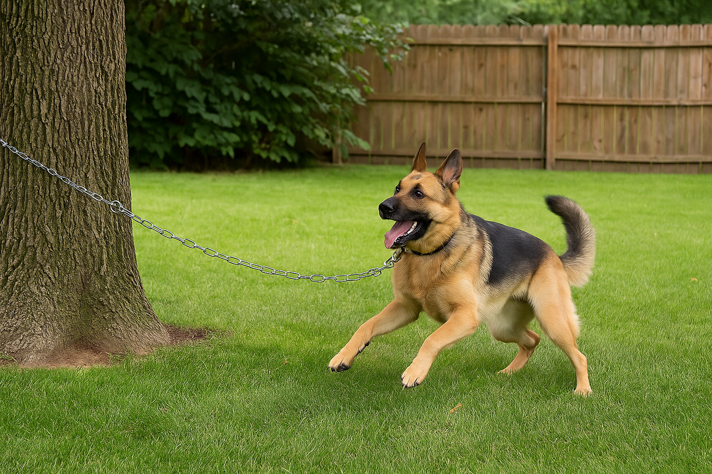 Large dog secured in backyard