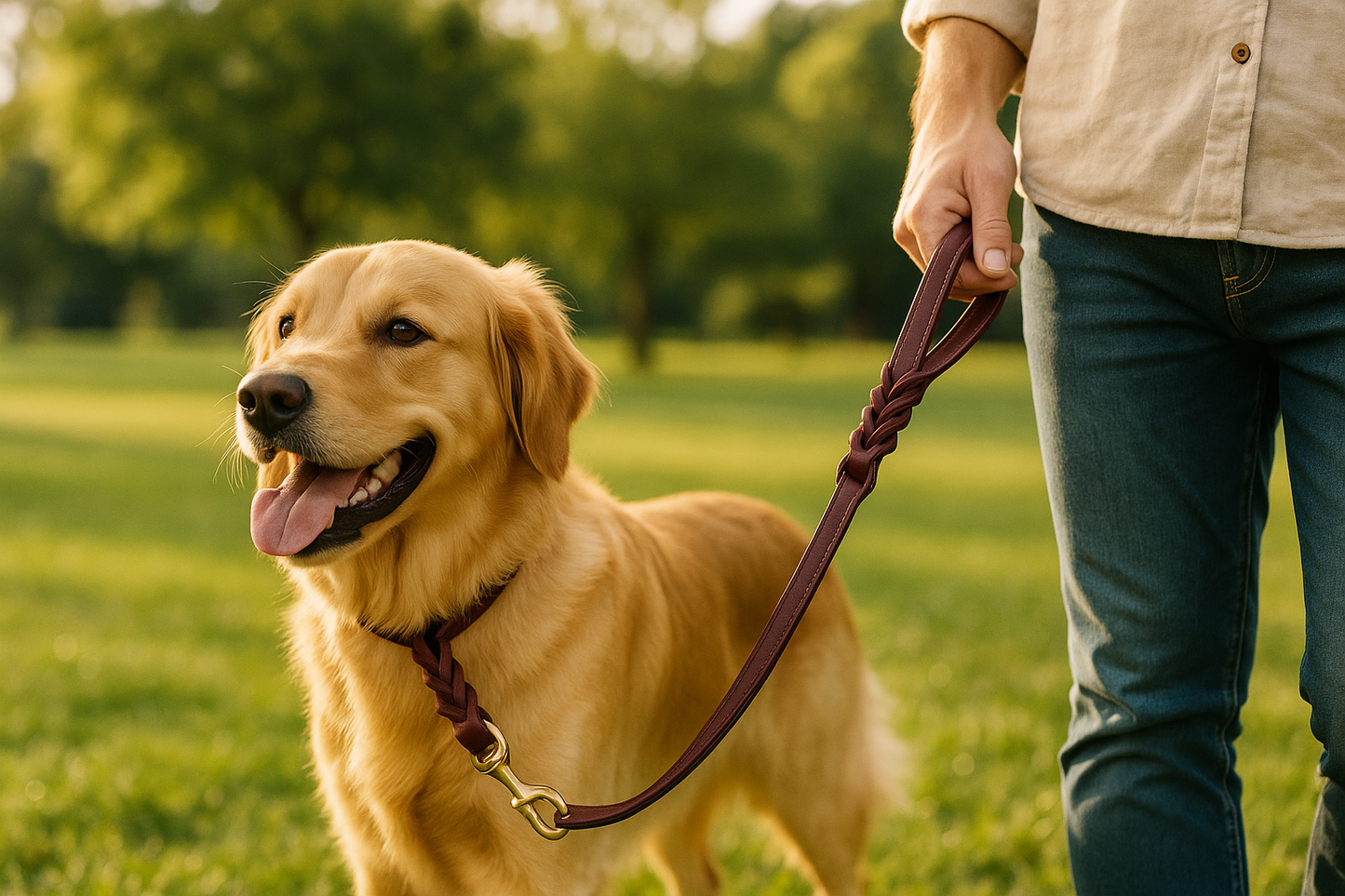 Lifestyle image of a happy dog on a walk with the premium burgundy latigo twist leather leash