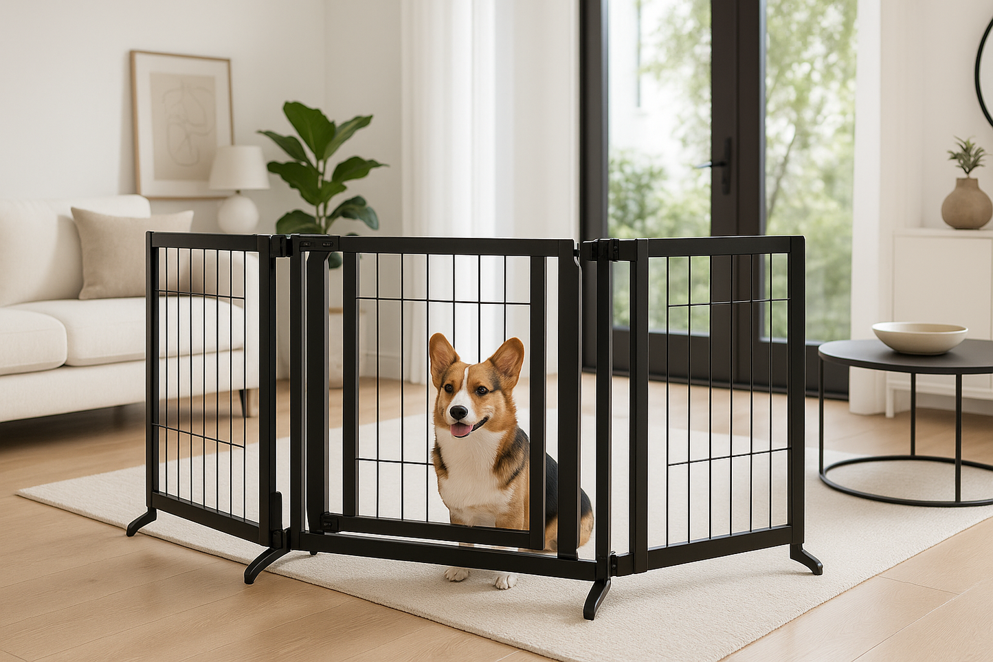 Lifestyle image showing a dog safely contained within the Richel Premium Plus Freestanding Pet Gate in Black in a modern, bright home setting