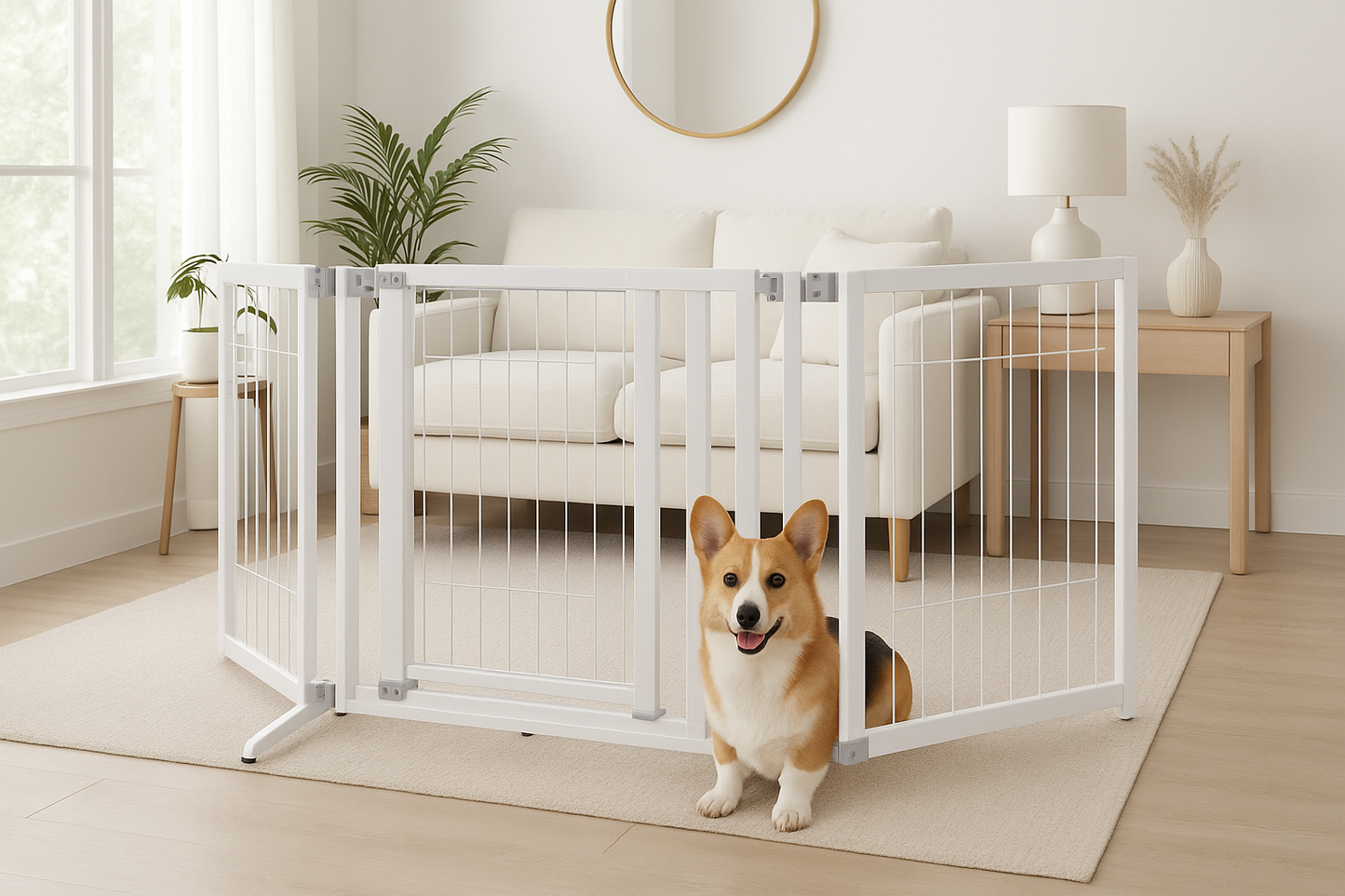 Lifestyle image showing a dog safely contained within the Richel Premium Plus Freestanding Pet Gate - Origami White in a modern, bright home setting