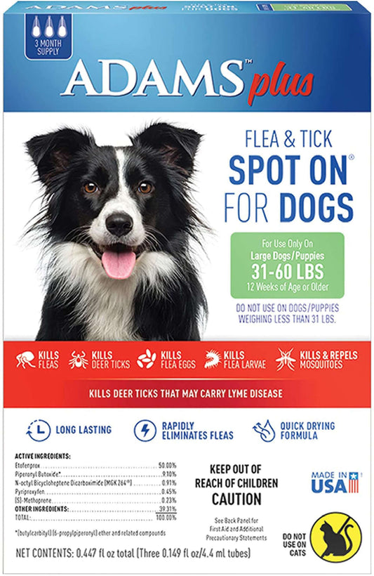 Adams Plus Flea & Tick Prevention Spot On for Dogs 3 Month Supply Clear Large Dogs 31 To 60 lb