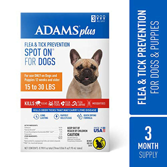 Adams Plus Flea & Tick Prevention Spot On for Dogs 3 Month Supply Clear Medium Dogs 15 To 30 lb