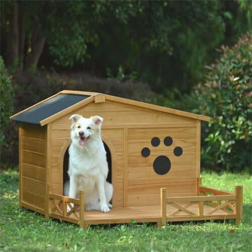 Medium wooden dog house with porch, featuring a water-resistant roof and paw print, with a happy dog inside.