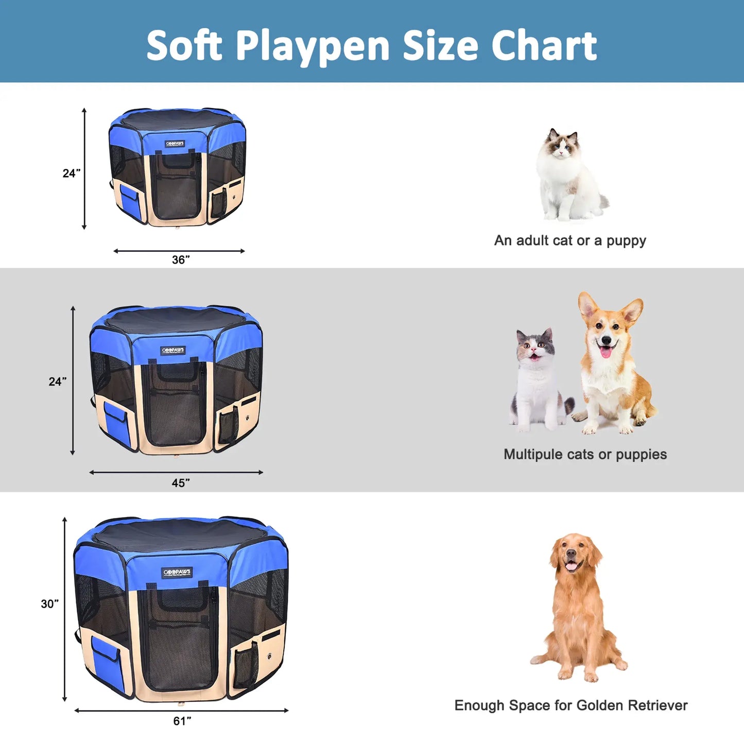 Portable Pet Playpen - 36, 45 & 61 inch | Soft Dog Exercise Pen | Kennel for Puppy, Cats, Kittens, Rabbits - JESPET