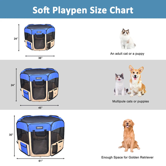 Portable Pet Playpen - 36, 45 & 61 inch | Soft Dog Exercise Pen | Kennel for Puppy, Cats, Kittens, Rabbits - JESPET