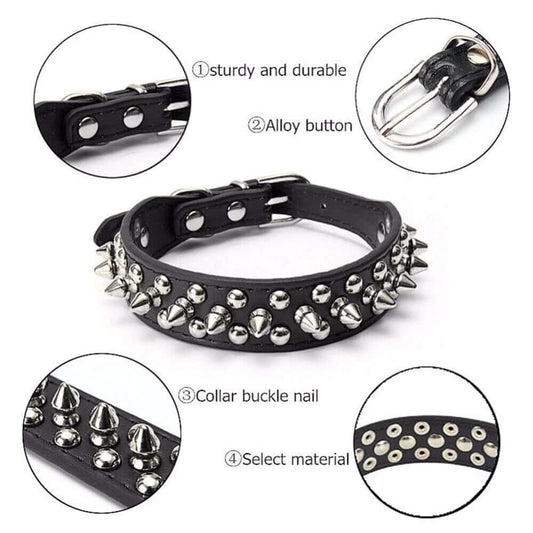Spiked Studded Leather Dog Collar Rivets Pet SM Large Cat Pit Bull Adjustable