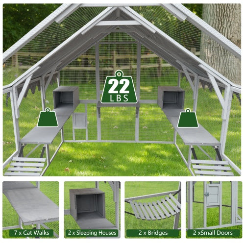 Large Outdoor Cat Enclosure with Platform - 110" Premium Cat Fence & Play Area