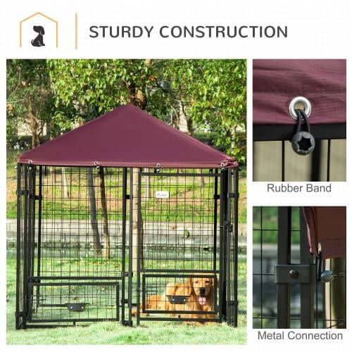Large metal dog crate with a maroon canopy on a white background