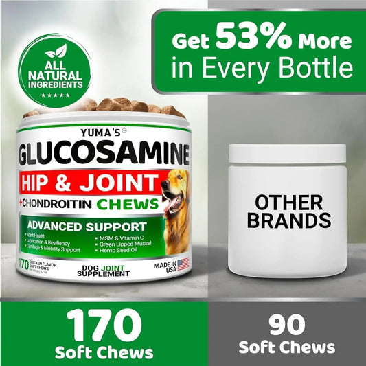 Value Pack 2-Jars of Yuma's Glucosamine Hip & Joint Support Chews for Dogs, 340 Chews, Chicken Flavor