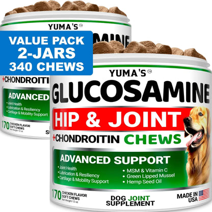 Value Pack 2-Jars of Yuma's Glucosamine Hip & Joint Support Chews for Dogs, 340 Chews, Chicken Flavor