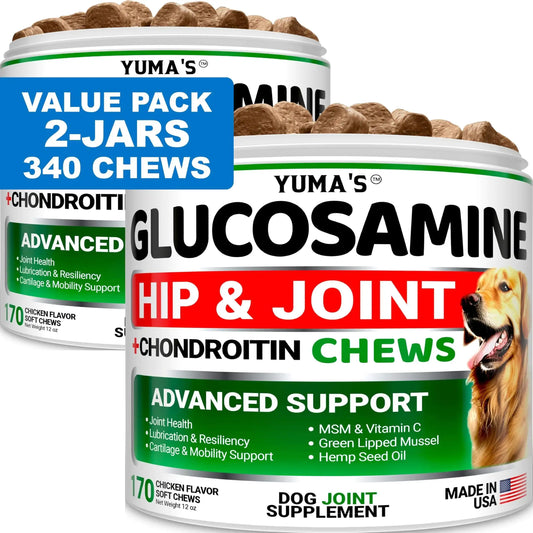 Value Pack 2-Jars of Yuma's Glucosamine Hip & Joint Support Chews for Dogs, 340 Chews, Chicken Flavor