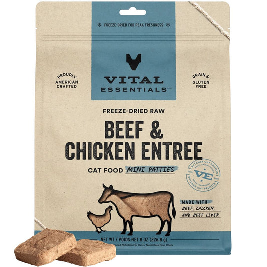 Vital Essentials Freeze-Dried Raw Beef & Chicken Mini Patties - Complete Cat Food (15oz)