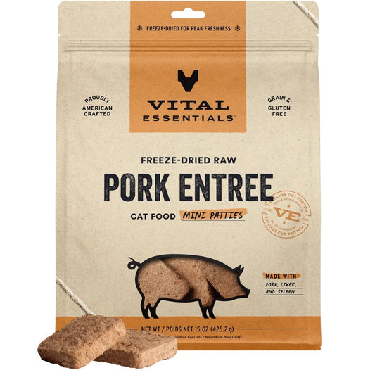 Vital Essentials Freeze-Dried Raw Pork Mini Patties - Complete Cat Food (15oz)