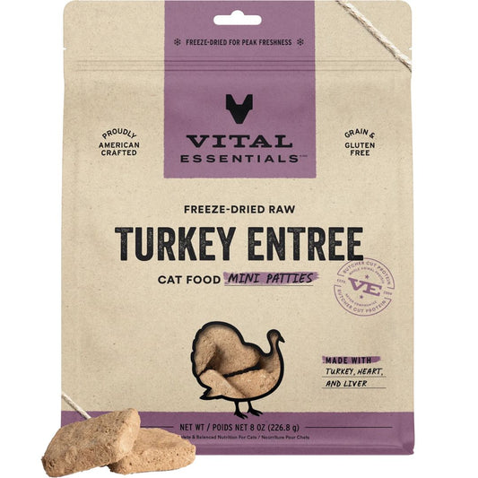 Vital Essentials Freeze-Dried Raw Turkey Mini Patties - Complete Cat Food (15oz)