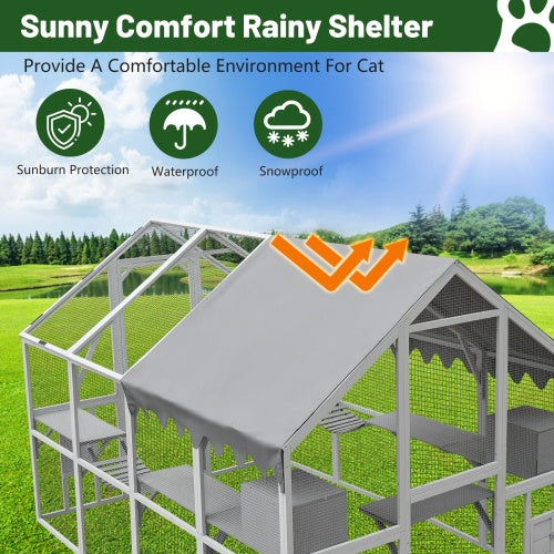 Large Outdoor Cat Enclosure with Platform - 110" Premium Cat Fence & Play Area