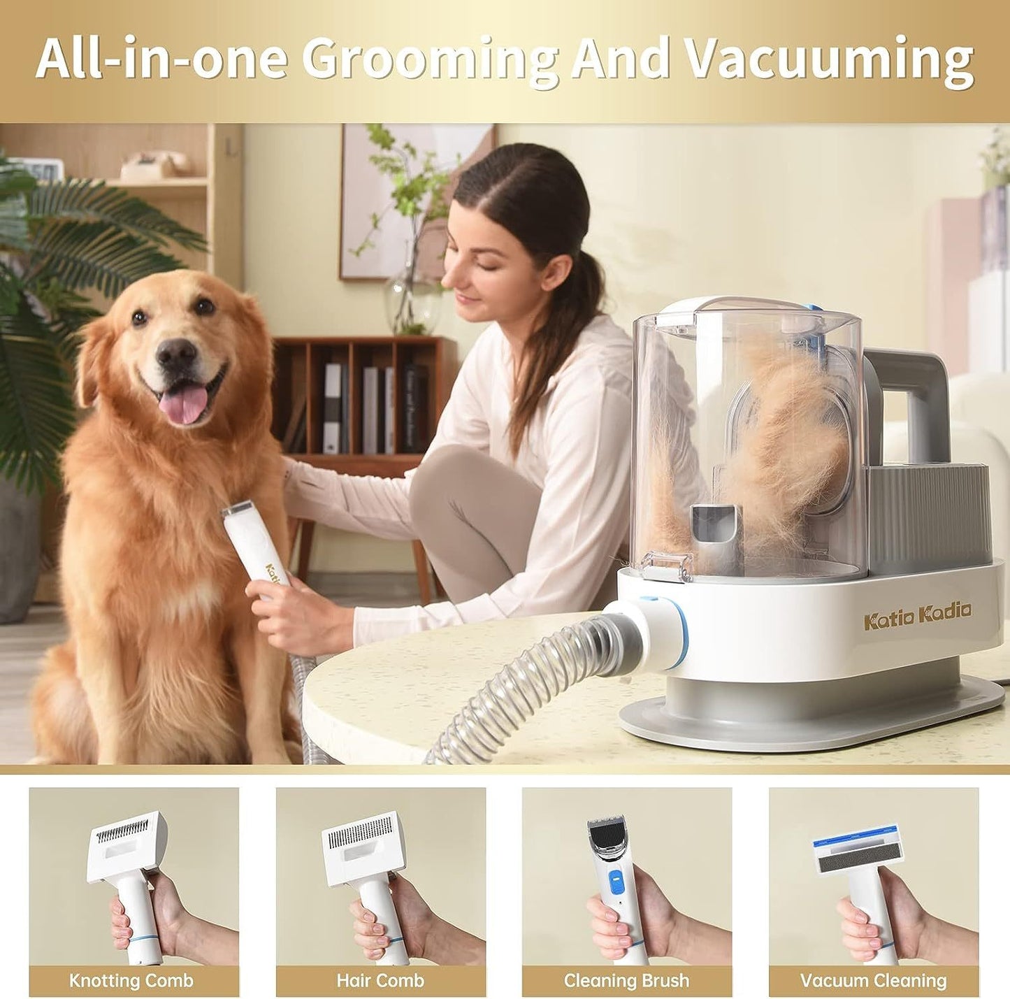 5-in-1 Dog Grooming Kit with Vacuum Suction - Low Noise Pet Hair Remover