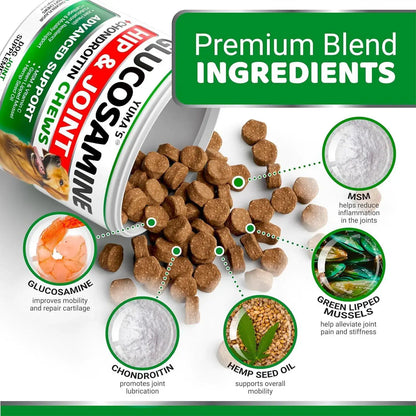 Premium blend ingredients for dog hip and joint support chews, including glucosamine, chondroitin, MSM, and hemp seed oil.
