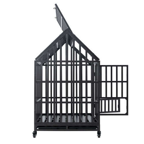 Premium heavy duty dog kennel with windows, housing a happy dog, designed for indoor use and comfort.