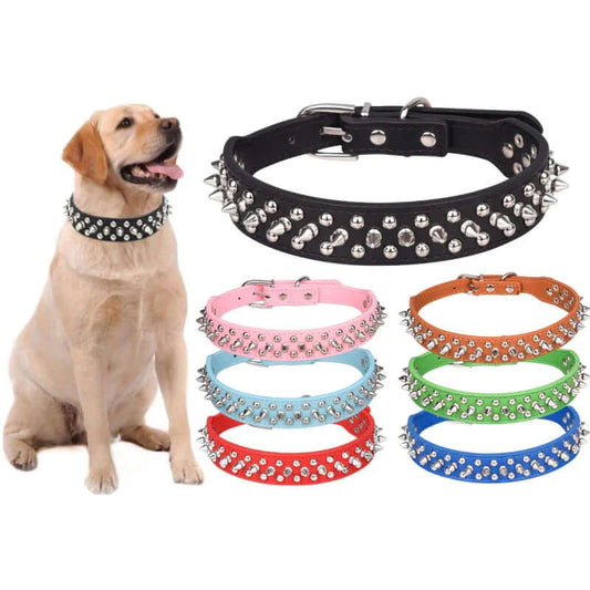 Spiked Studded Leather Dog Collar Rivets Pet SM Large Cat Pit Bull Adjustable