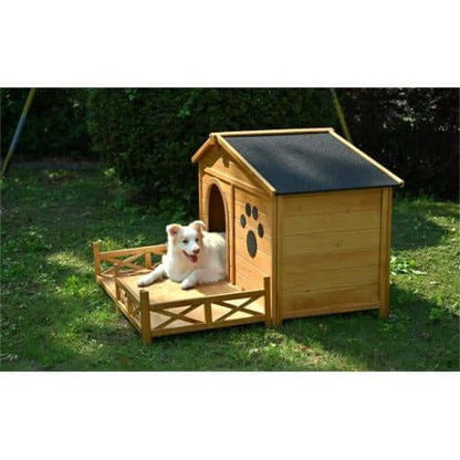Medium wooden dog house with porch and water-resistant roof, featuring a dog relaxing outside on a sunny day.