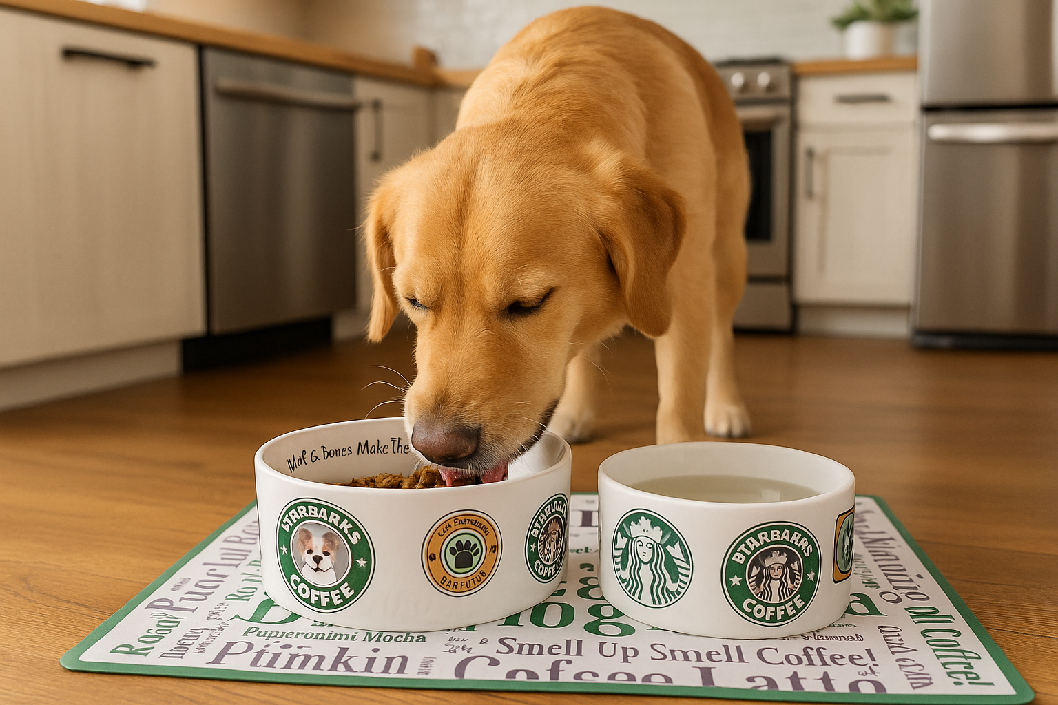 Dog using the bowls in kitchen setting