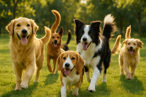 Happy dogs with wagging tails