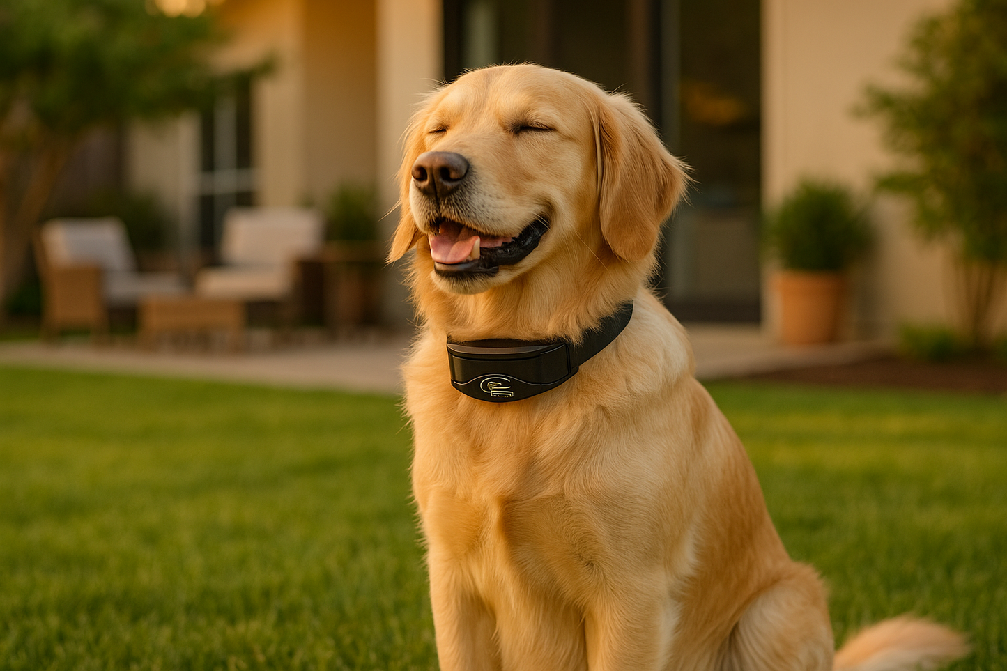 Lifestyle image of a happy dog wearing the SportDOG no-bark collar in a peaceful backyard setting