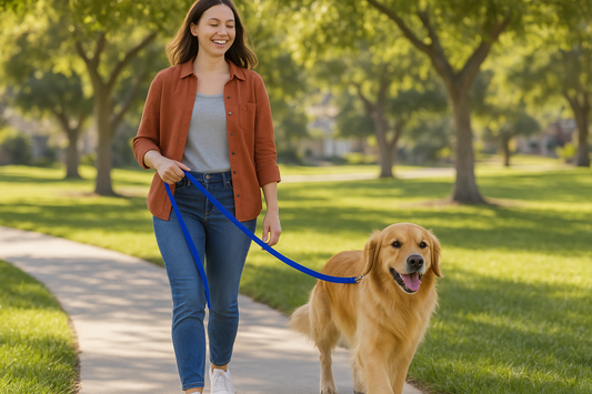Lifestyle image of blue nylon dog leash in use