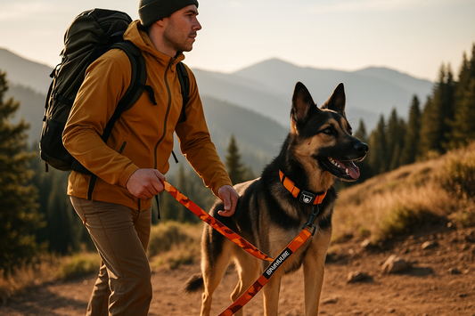 Lifestyle image of orange camo tactical dog leash in use
