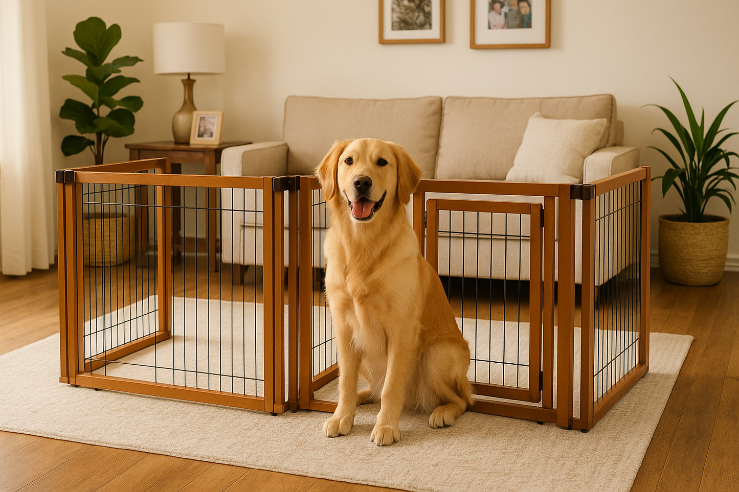Lifestyle image showing a happy dog safely contained within the Richell Convertible Elite 4 Panel Pet Gate in a modern home living room setting