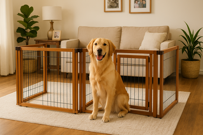 Lifestyle image showing a happy dog safely contained within the Richell Convertible Elite 4 Panel Pet Gate in a modern home living room setting