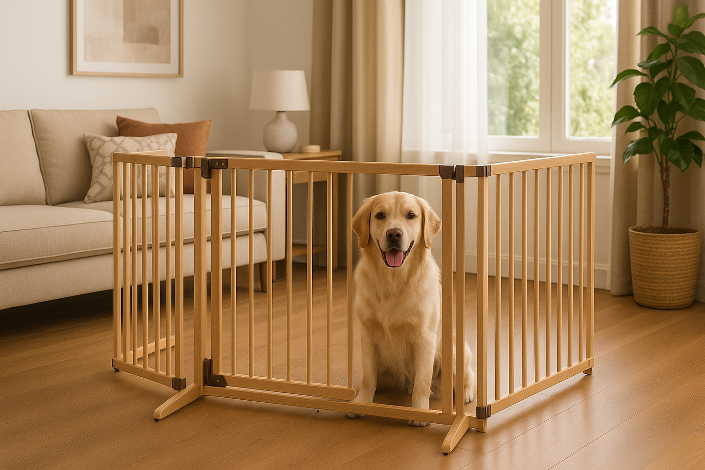 Lifestyle image showing a happy dog safely contained within the Richell Wooden Premium Plus Pet Gate in an elegant modern home setting